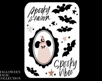 May include: A black and white printable Halloween sticker sheet with a ghost wearing a witch hat, bats, stars, and the text "Spooky Season" and "Spooky Vibes".