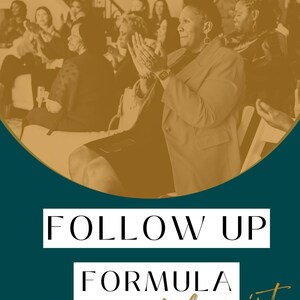 May include: A group of people clapping in a room with gold walls. The text "Follow Up Formula Blueprint" is written in white on a teal background. The text "Your Guide to Following Up Like a Pro" is written in white below the main text.