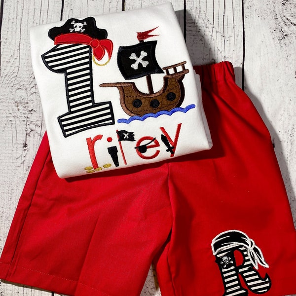 Personalized Embroidery Pirates Birthday Short Set, Any Birthday, Cake smash outfit, Birthday Boy, Handmade Shorts.