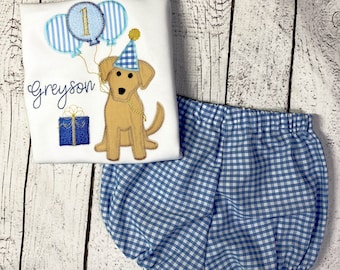 Conjunto de pantalones bombachos de cumpleaños con diseño de perro en zigzag y bordado personalizado. Puedo hacerlos para cualquier cumpleaños, animales o atuendo de cumpleaños. Pantalones bombachos hechos a mano.