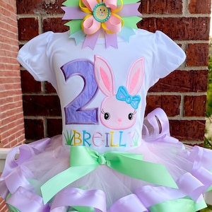 Personalized Embroidery Pastel Bunny Birthday Ribbon Trimmed Tutu Set, Any Birthday, Birthday outfit, Cake Smash, Tutu dress