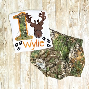 Personalized Embroidery Real Tree Deer Hunting Birthday Bloomer set, Any Birthday, Orange, Birthday outfit, Cake smash. Handmade Bloomers.