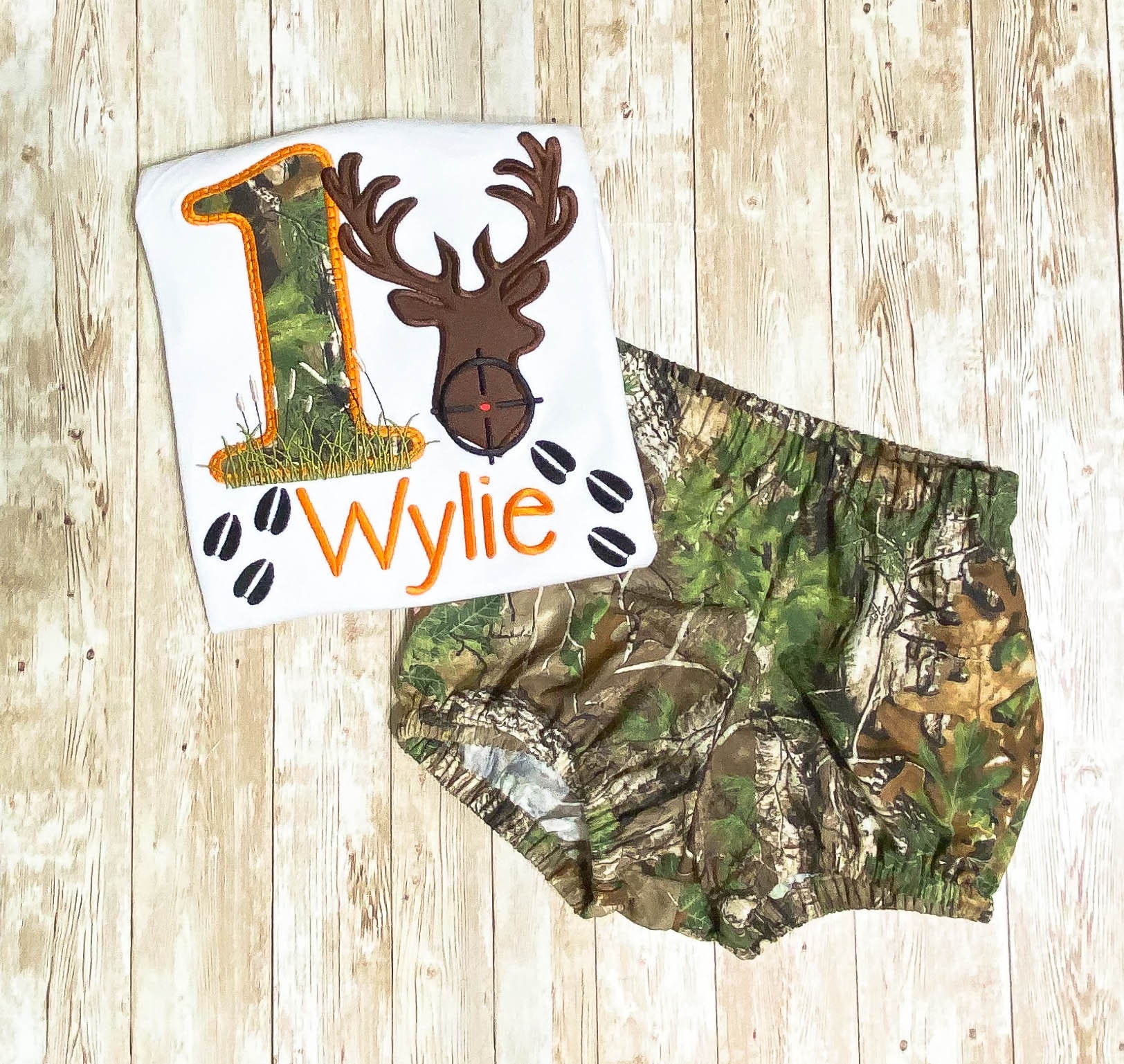Personalized Embroidery Real Tree Deer Hunting Birthday Bloomer set, Any Birthday, Orange, Birthday outfit, Cake smash. Handmade Bloomers.
