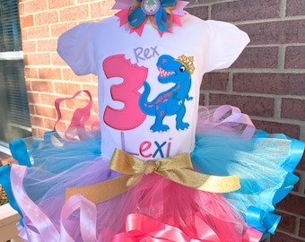 Personalized Embroidery Dino Birthday Ribbon Trimmed Tutu Set, Dinosaur, Any Birthday, Birthday outfit, Cake Smash, Tutu dress