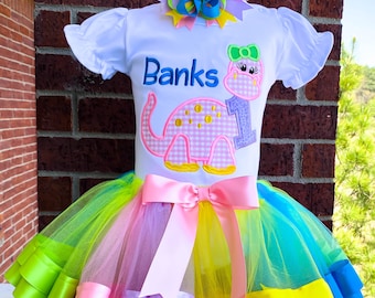 Personalized Embroidery Dino Birthday Ribbon Trimmed Tutu Set, Dinosaur, Any Birthday, Birthday outfit, Cake Smash, Tutu dress