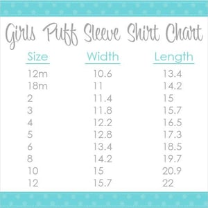 Peut inclure: Un tableau indiquant les mesures de largeur et de longueur en pouces pour des chemises &agrave; manches bouffantes pour filles, des tailles 12 mois &agrave; 12.