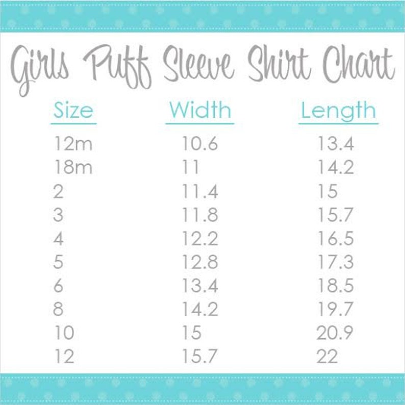 Peut inclure: Un tableau indiquant les mesures de largeur et de longueur en pouces pour des chemises &agrave; manches bouffantes pour filles, des tailles 12 mois &agrave; 12.
