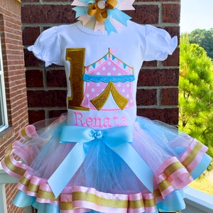 Personalized Embroidery Pink and gold Circus Ribbon Trimmed tutu set, Carnival, Tutu outfit, Tutu Dress, Party Dress, Cake Smash