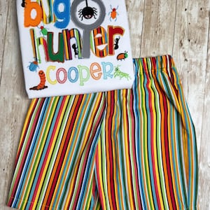 May include: A white t-shirt featuring colorful embroidered text that reads bug hunter Cooper, surrounded by various insect graphics including a spider, ants, and beetles. Paired with shorts featuring a vibrant vertical multi-colored striped pattern.
