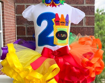 Personalized Embroidery Crayon Ribbon Trimmed tutu set, Colors, Rainbow, Tutu Dress, Tutu outfit, Cake Smash, Party Dress.