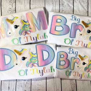 Personalized Embroidery Pastel Unicorn Family Shirts, Any Name, Birthday Shirts, Matching shirts