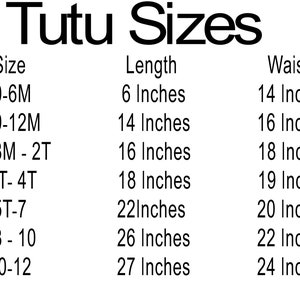 Peut inclure: Tableau des tailles de tutu indiquant les mesures de taille et de longueur correspondantes en pouces pour les tailles 0-6M, 9-12M, 18M-2T, 3T-4T, 5T-7, 8-10 et 10-12.