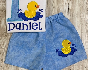 Personalized Embroidery Rubber Duck Birthday Short Set, Any Birthday, Cake smash outfit, Birthday Boy, Handmade Shorts.
