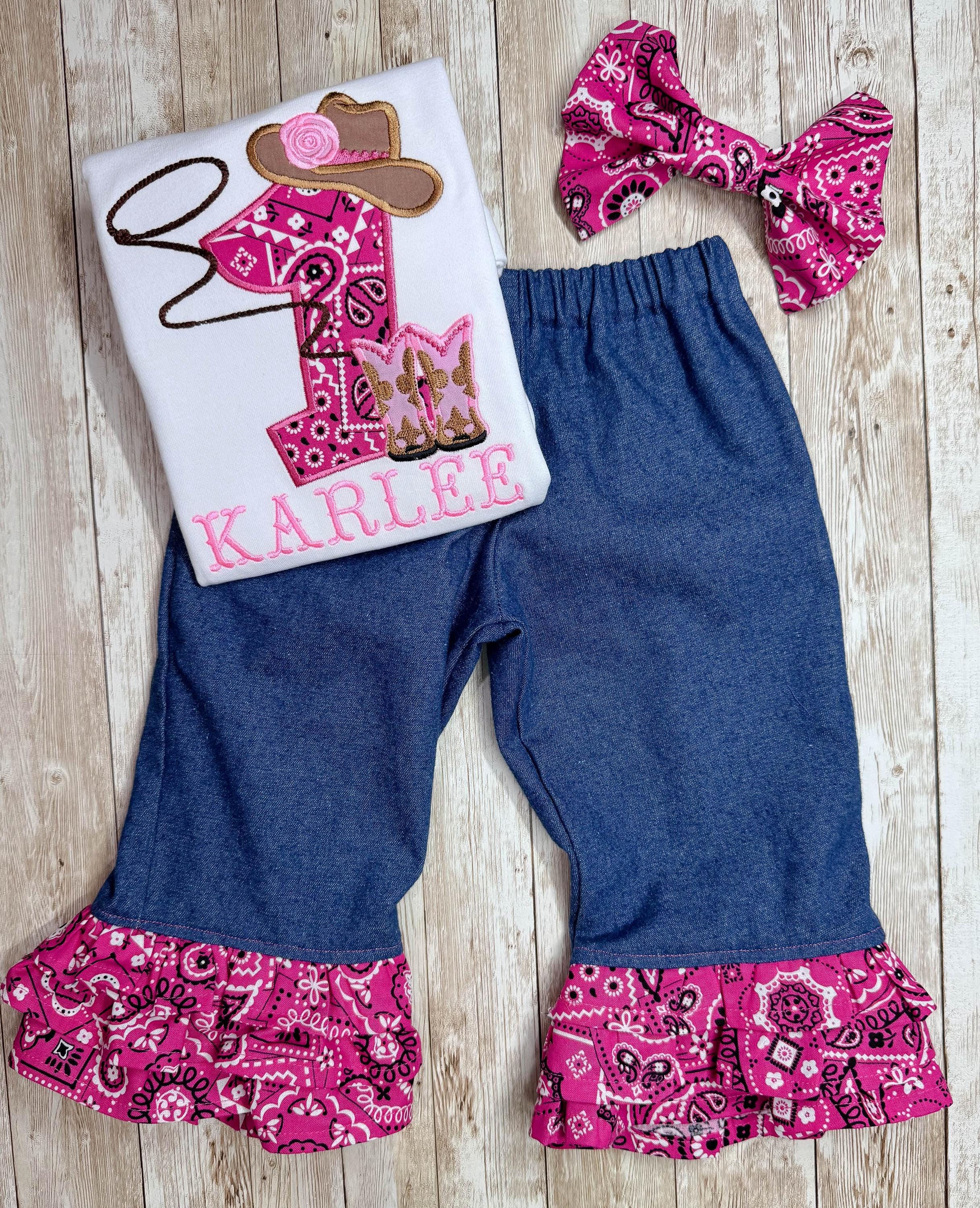 Personalized Embroidery Cowgirl first Birthday pant set. Ruffles, Any Birthday, Pink and denim, Rodeo, My First rodeo. Cake smash