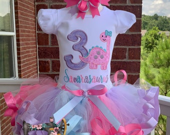 Personalized Embroidery Dino Birthday Ribbon Trimmed Tutu Set, Dinosaur, Any Birthday, Birthday outfit, Cake Smash, Tutu dress