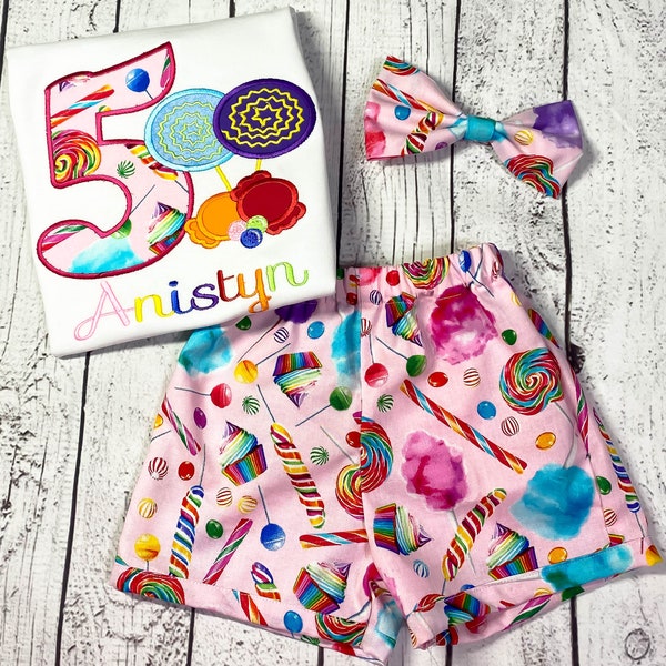 Broderie personnalisée Candy Land Birthday Handmade Short set, Lollipop, Candy, Sweet, Birthday outfit, Short set.