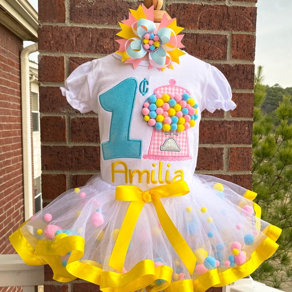 Personalized Embroidery Bubble Gum Machine Pom Pom Ribbon Trim Birthday Tutu Set, Any Birthday, Birthday outfit, Tutu Dress, Party dress.