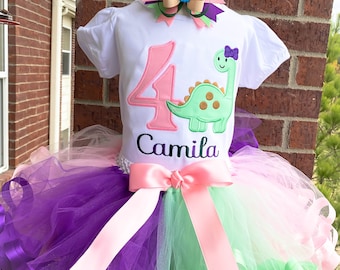 Personalized Embroidery Dino Birthday Ribbon Trimmed Tutu Set, Dinosaur, Any Birthday, Birthday outfit, Cake Smash, Tutu dress