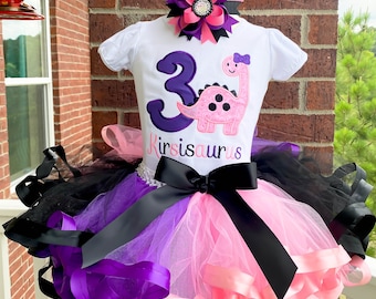Personalized Embroidery Dino Birthday Ribbon Trimmed Tutu Set, Dinosaur, Any Birthday, Birthday outfit, Cake Smash, Tutu dress