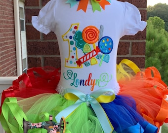 Personalized Embroidery Candy Land Birthday Ribbon Trimmed Tutu Set, Sweet, Candy, lollipop, Any Birthday, Birthday outfit, Tutu dress