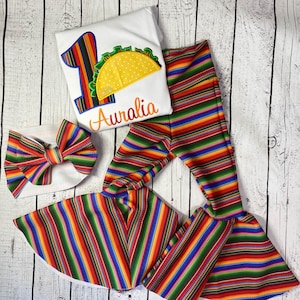Personalized Embroidery Taco Birthday Outfit, Serape, Bummies, Belle Bottom pants, Flare Bottoms, Taco, Cinco De Mayo, Any Birthday, Uno Dos