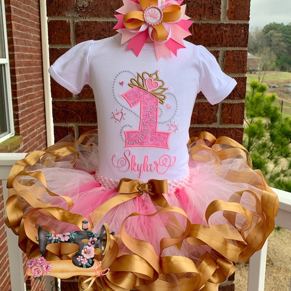 Personalized Embroidery Pink and gold Princess Crown Birthday Ribbon Trimmed Tutu Set, Dinosaur, Any Birthday, Birthday outfit, Tutu dress