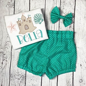 Personalized Embroidery Sand Castle and sand dollars trio, Sketch design, Girls Short Set, Summer Short set, Beach outfit, Handmade Shorts,
