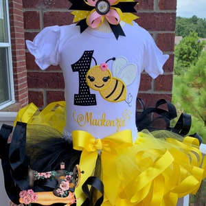 Personalized Embroidery Black and Yellow Bee Birthday Ribbon Trimmed Tutu Set, Any Birthday, Birthday outfit, Cake Smash, Tutu dress