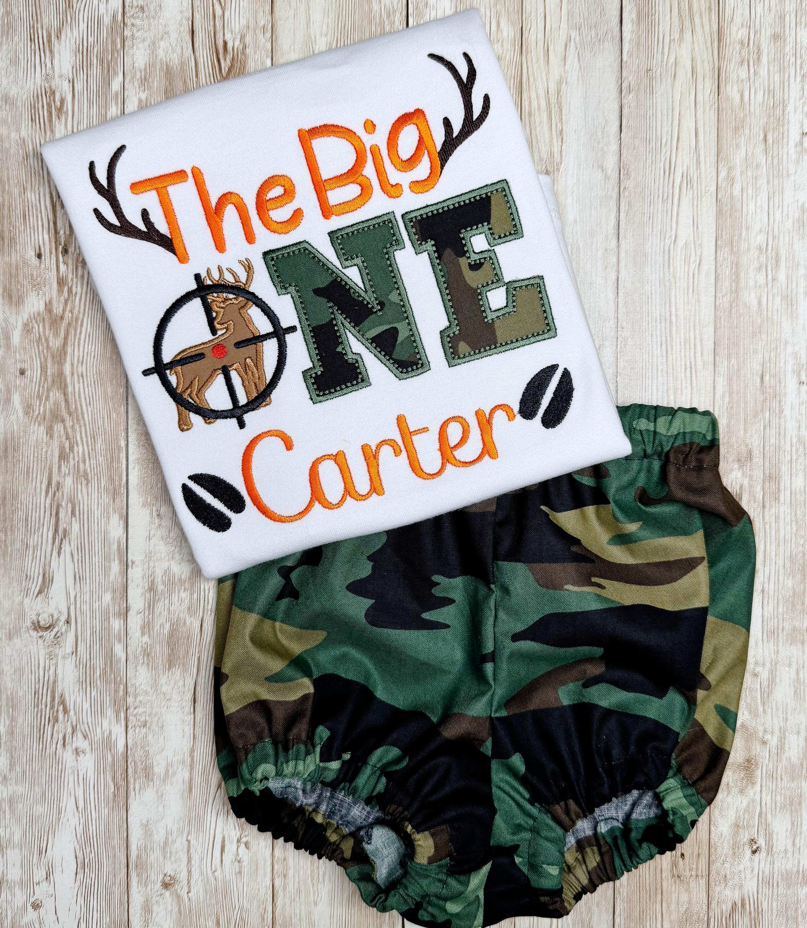 Personalized Embroidery Camo Deer Hunting Birthday Bloomer set, Any Birthday, Orange, Birthday outfit, Cake smash. Handmade Bloomers.