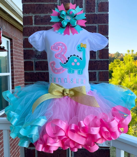 Personalized Embroidery Dino Birthday Ribbon Trimmed Tutu Set, Dinosaur, Any Birthday, Birthday outfit, Cake Smash, Tutu dress