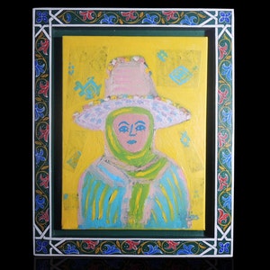 Pintura al óleo de una mujer marroquí firmada con marco: arte étnico bereber