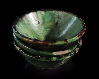 3PCS Handmade Tamegroute Green Bowls: Moroccan Pottery Decor