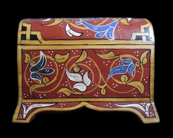 Handmade Moroccan Red Wooden Jewelry Box: Floral Design