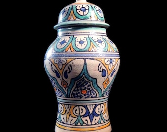Jarrón de cerámica marroquí de Fez, pintado a mano y de estilo vintage, firmado.