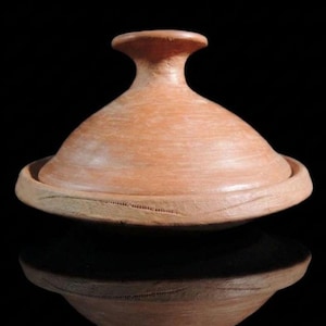Può includere: Una tajine in terracotta con coperchio conico e base ampia e poco profonda. La pentola in terracotta è di un caldo colore marrone-arancio terroso, con una finitura liscia e non smaltata. Il coperchio ha una parte superiore arrotondata e un piccolo manico svasato.