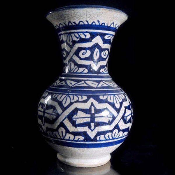 Moroccan Handmade Vintage Blue Hand-Painted and Signed Vase