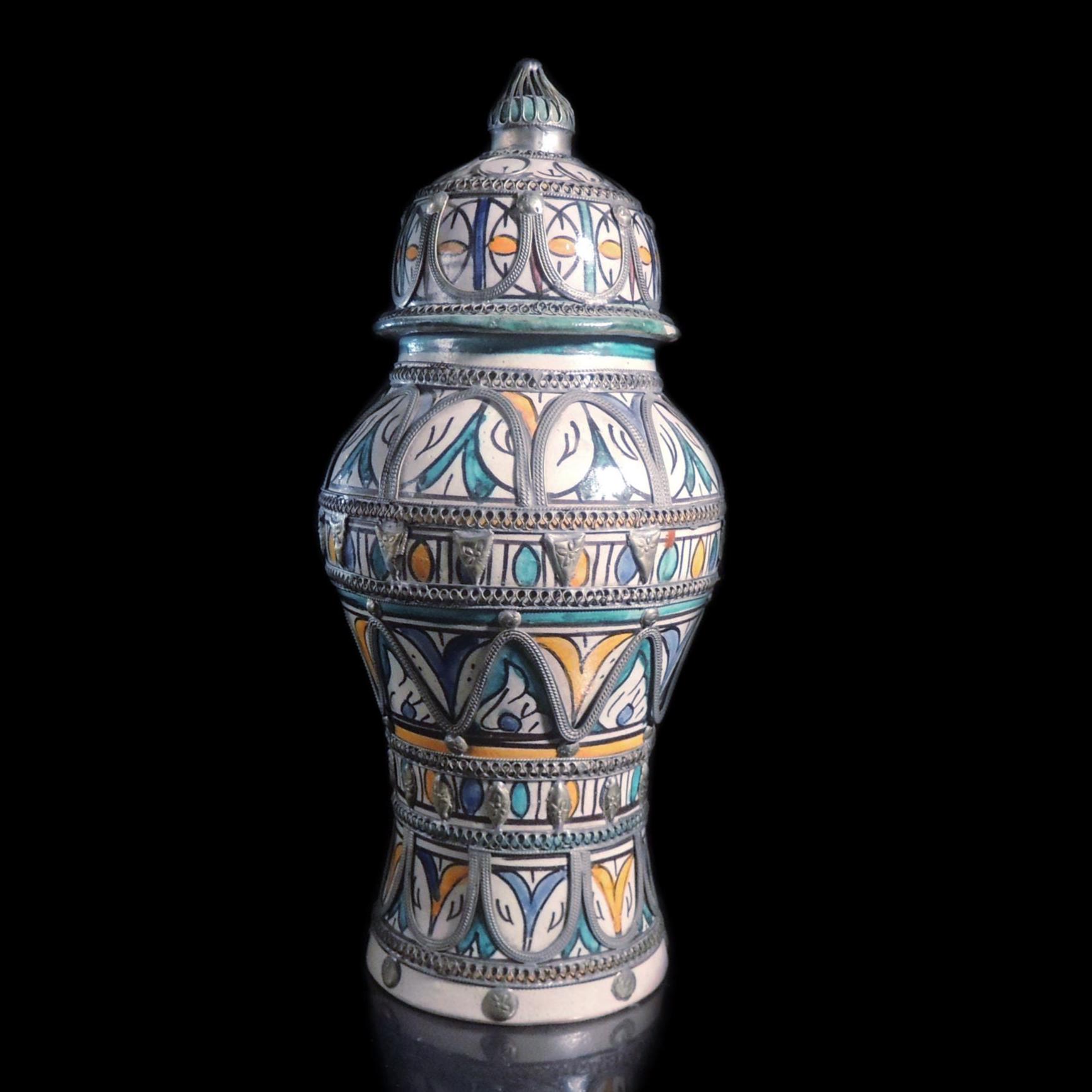 Moroccan Vintage Colorful Ceramic Vase with stainless steel and metal filigree