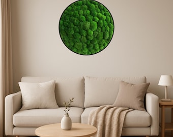 Moss Wall Art – Round | Circle - Nature Green Preserved Ball Moss in Natural Oak Frame