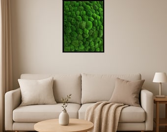 Moss Wall Art – Rectangle Preserved Nature Green Ball Moss in Oak Frame
