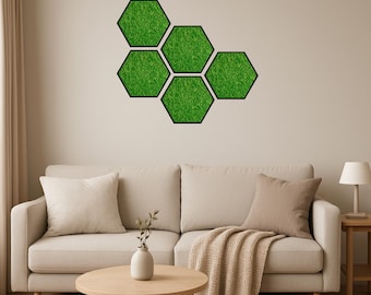 Moss Wall Art – Hexagon Light Green Preserved Reindeer Lichen in Natural Oak Frame