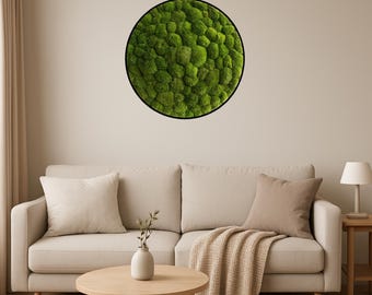 Moss Wall Art – Round | Circle - Light Green Preserved Ball Moss in Natural Oak Frame