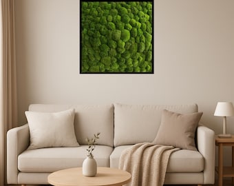 Moss Wall Art – Square Preserved Light Green Ball Moss in Oak Frame