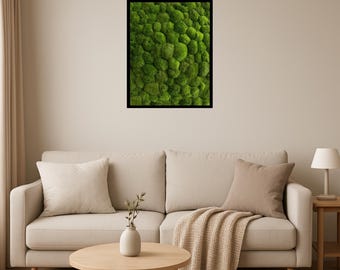 Moss Wall Art – Square Preserved Light Green Ball Moss in Oak Frame
