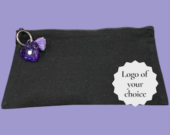 Personalized Minimalist Black Cosmetic/Pencil Pouch: Purple Heart Charm Zipper Pull