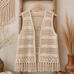 Può includere: Un gilet senza maniche all'uncinetto color crema, aperto sul davanti. Il capo presenta un motivo a griglia ripetuto su tutto il corpo, che sfocia in un bordo decorativo in pizzo floreale sull'orlo, rifinito con lunghe frange pendenti.