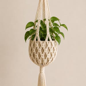 Op de afbeelding: Crèmekleurige macramé plantenhangers met een houten ring en een kwast. Het geweven ontwerp houdt een beige pot met groene planten vast. Een decoratief element voor kamerplanten.
