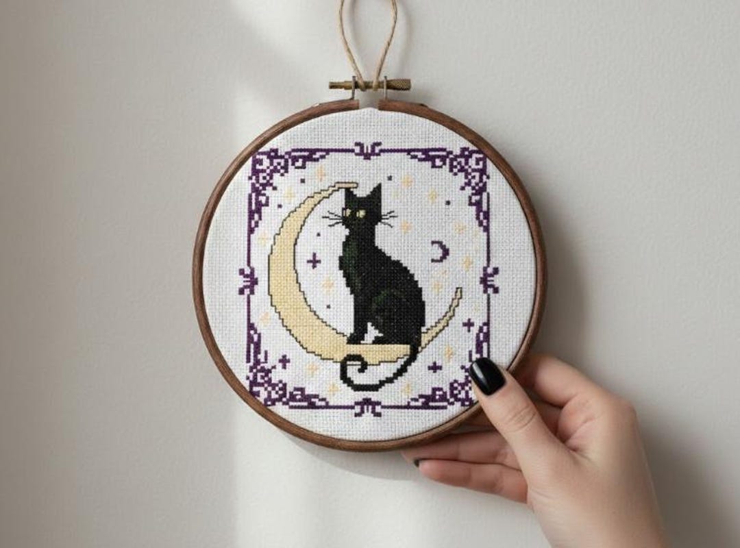 Black Cat Moon Cross Stitch Pattern | Gothic Lunar Cat PDF Instant ...