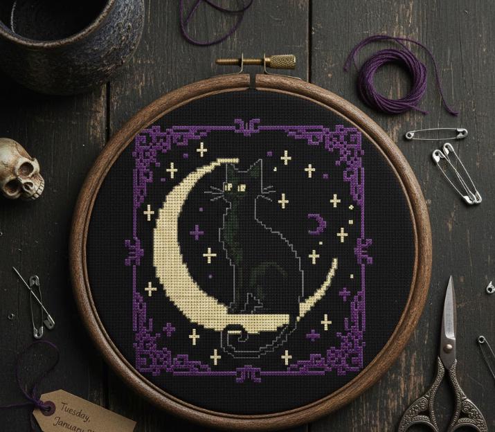 Black Cat Moon Cross Stitch Pattern | Gothic Lunar Cat PDF Instant ...