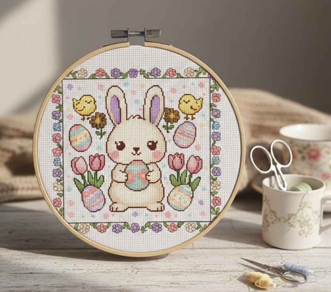 Easter Bunny Cross Stitch Pattern | Spring Tulips, Chicks (PDF Pattern ...