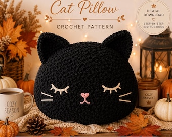 May include: A black crochet cat pillow with embroidered closed eyes, whiskers, and a pink nose. The text reads: MIDNIGHT WHISKERS Cat Pillow CROCHET PATTERN, DIGITAL DOWNLOAD, STEP-BY-STEP INSTRUCTIONS, BEGINNER FRIENDLY, DETAILED PHOTOS, MULTIPLE FACE VARIATIONS, INSTANT DOWNLOAD.